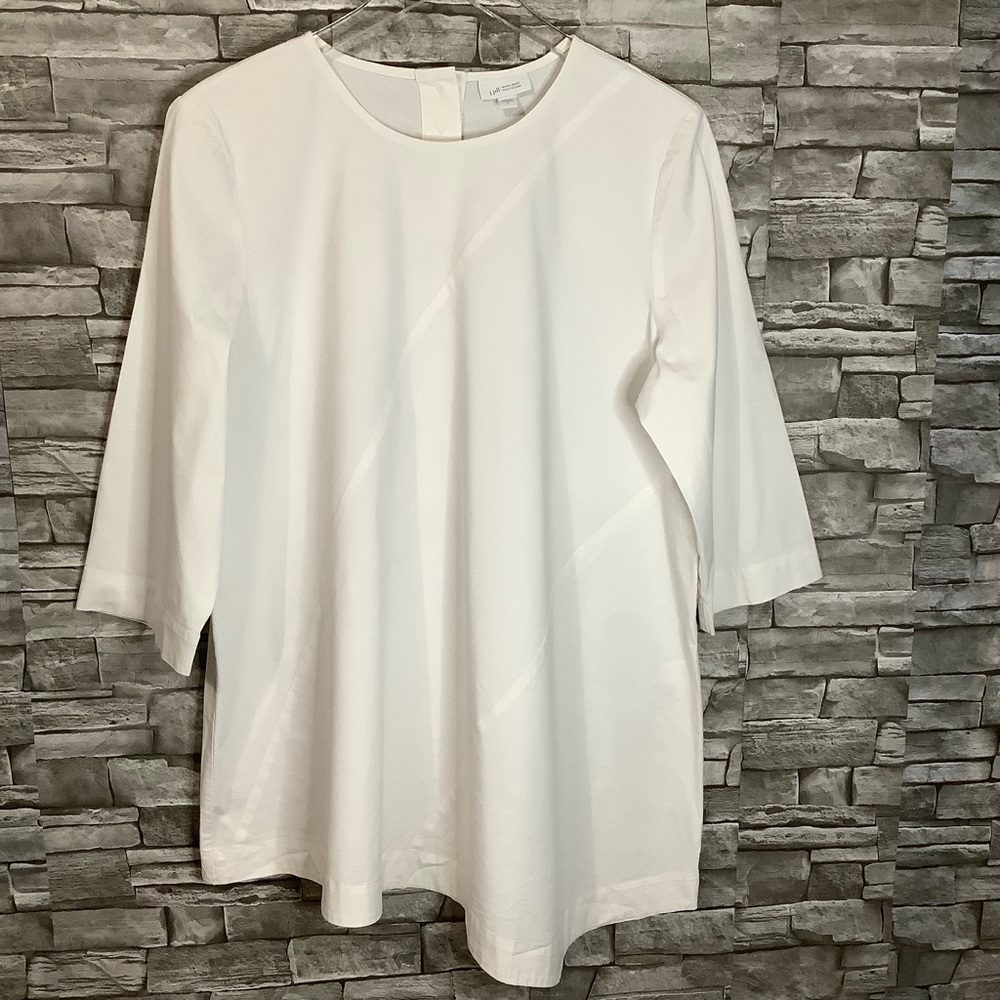J Jill White Shirt Collection asymmetric hem round neck top L (W844)